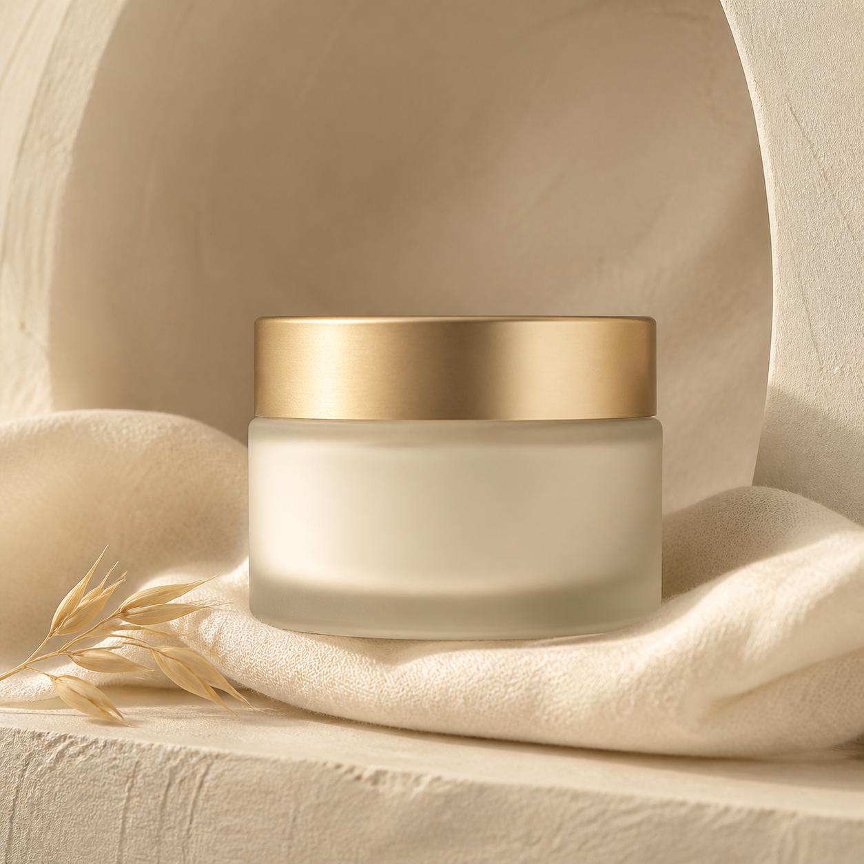 Nourishing lotion jar on soft linen