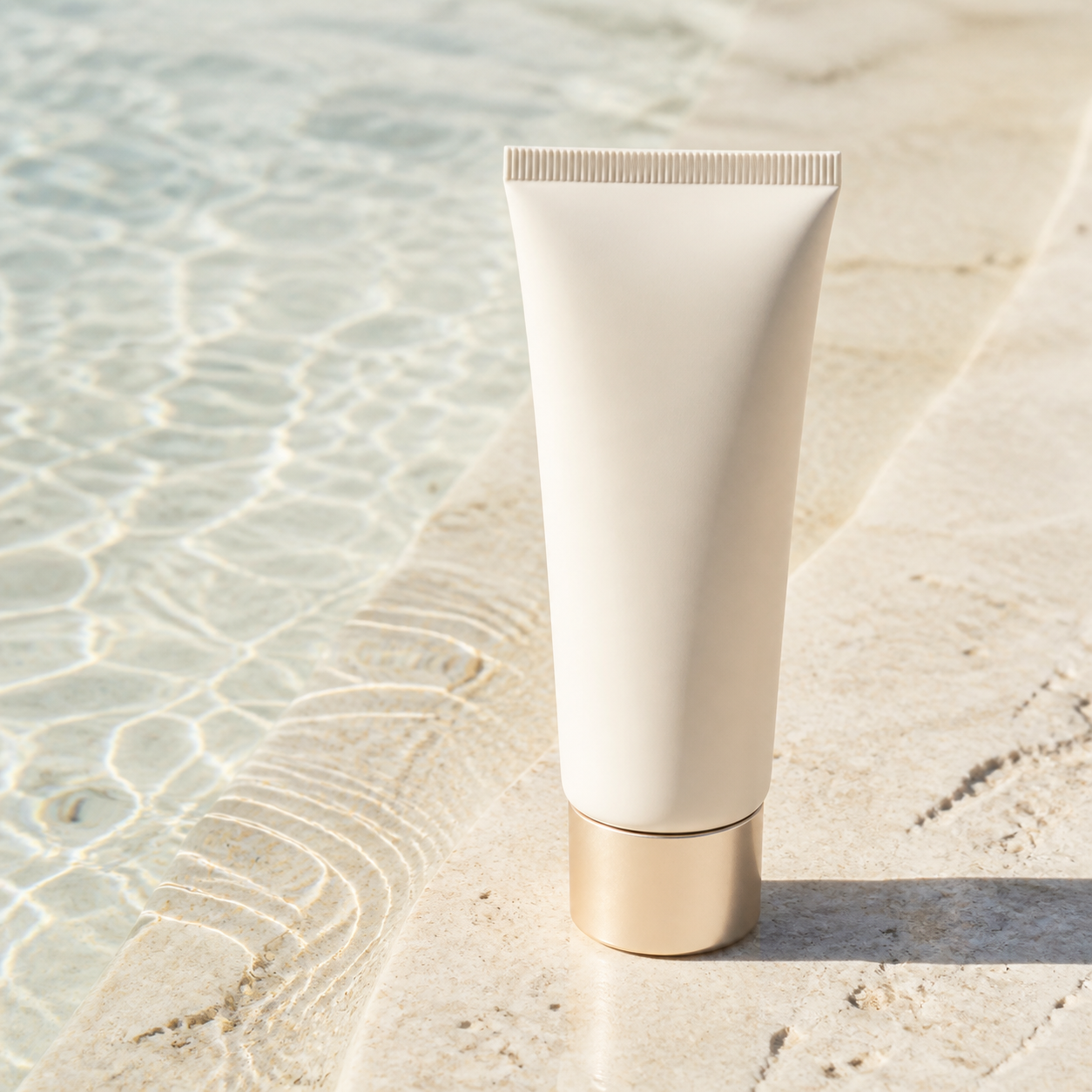 Lightweight facial sunscreen beside clear water