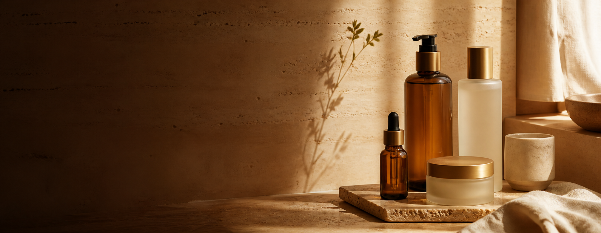 Warm amber and ivory skincare collection in golden morning light